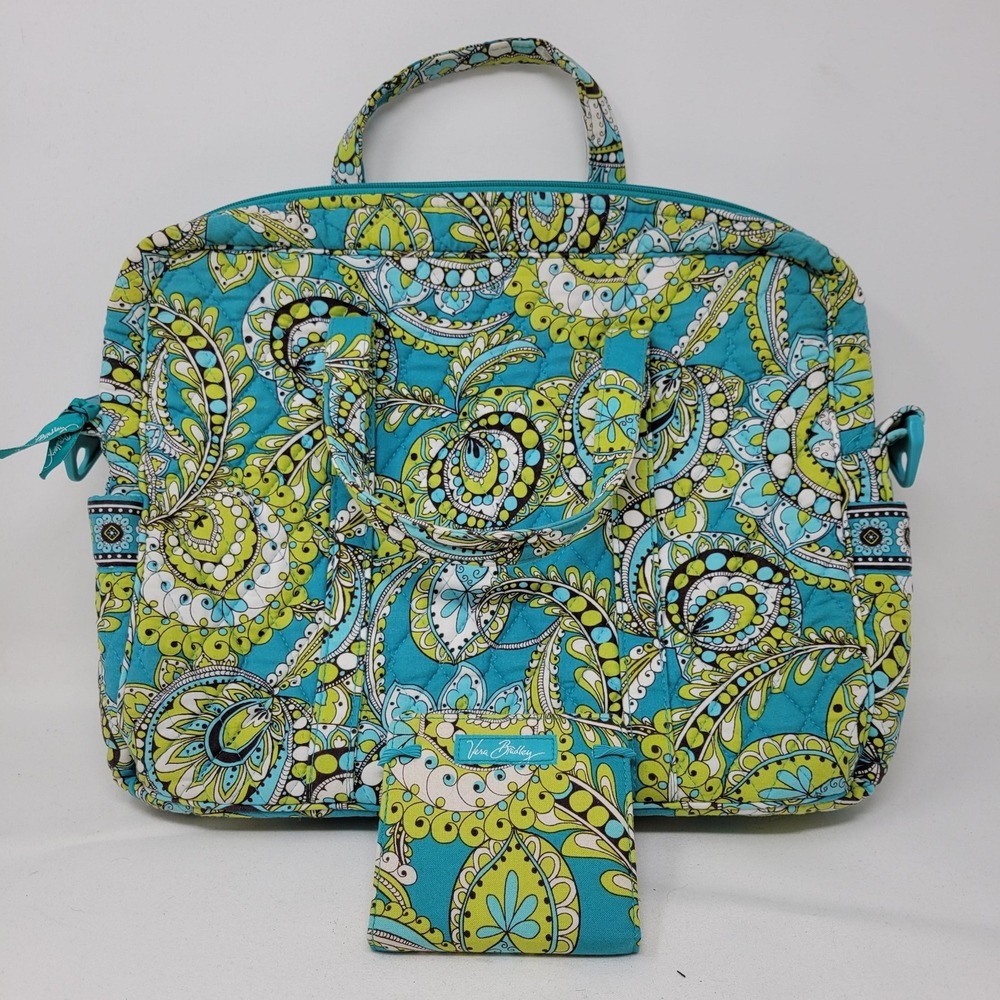 Vera Bradley Turquoise and Lime Paisley Quilted Laptop Tote with mini notebook